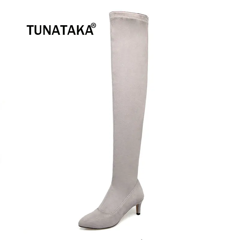 

Women Suede Sexy Thin High Heel Over The Knee Boots Fashion Pointed Toe Winter Elastic Boots Black Gray
