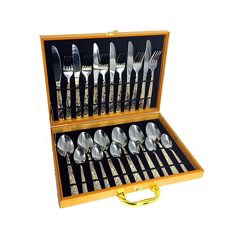 24pcs Stainless Steel Flatware Sets Gold Plated Cutlery Set With Box