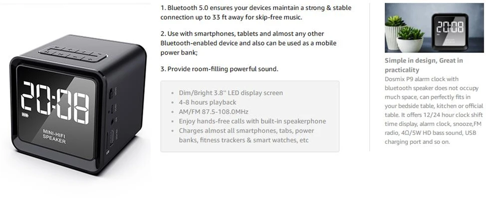 Dosmix Bluetooth V5.0 будильник с динамиком с FM радио для возрастов от 4 до 8 лет/часов воспроизведения 1200 мА/ч, Батарея можно заряжать телефон с дисплеем