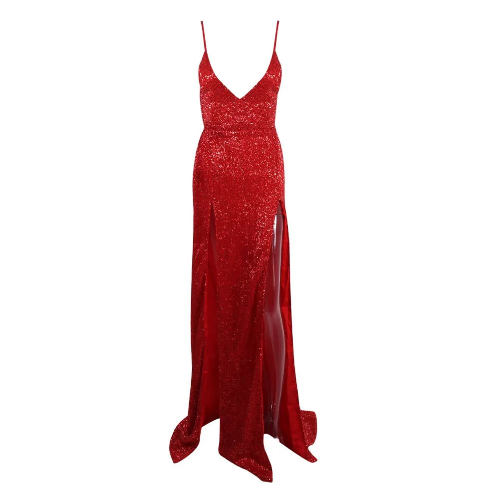 Новые поступление элегантный макси блесток платье макси Разделение пикантные Для женщин Красный спинки Длинные знаменитости Спагетти ремень вечерние платья