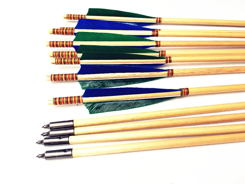 

12 pk green blue color head Turkey feather wooden arrow for archery recurve longbow hunting lovers
