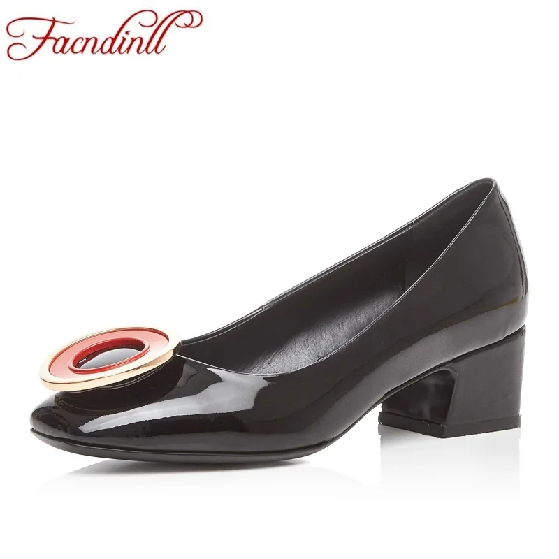 

FACNDINLL new 2018 autumn women pumps patent leather middle heels square toe shoes woman black dress office wedding pumps woman