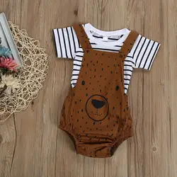 Одежда для маленьких мальчиков и девочек Одежда для новорожденных футболка с короткими рукавами и рисунком медведя + комбинезон, штаны