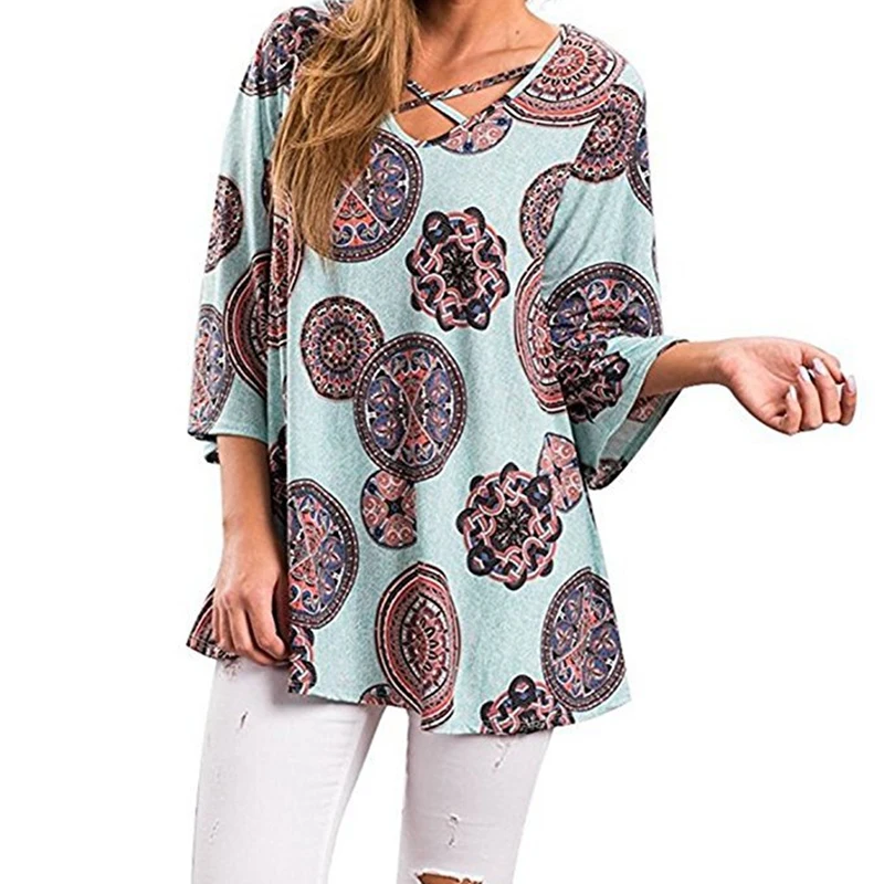 Fashion Women Summer Casual Long Sleeves Tee T Shirt Floral Printing