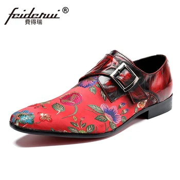 

Plus Size Red Vintage Pointed Toe Slip on Male Loafers Genuine Leather Monk Strap Men's Runway Club Party Shoes For Man SL32