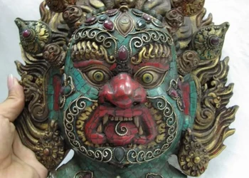 

Tibetan Buddhism Wood inlay turquoise coral ruby beryl Mahakala Buddha Head Mask