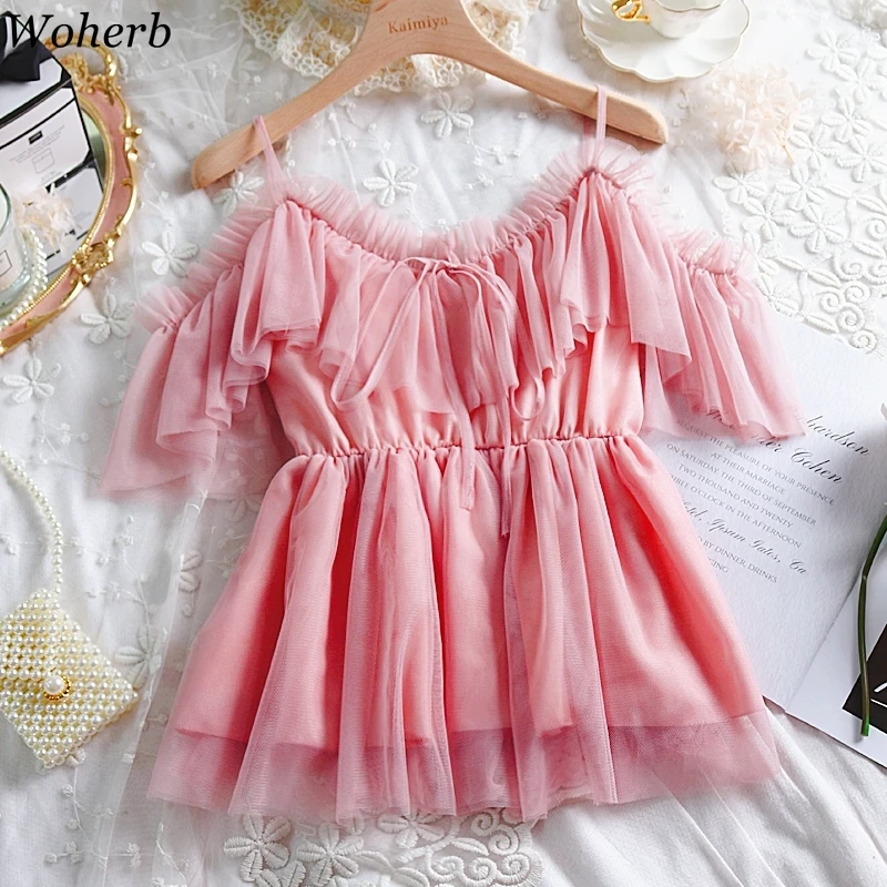 

Woherb Gauze Patch Blouse Summer 2019 Womens Off Shoulder Tops Ladies Elegant Ruffle Bandage Blusas Causal Solid Shirt 22013