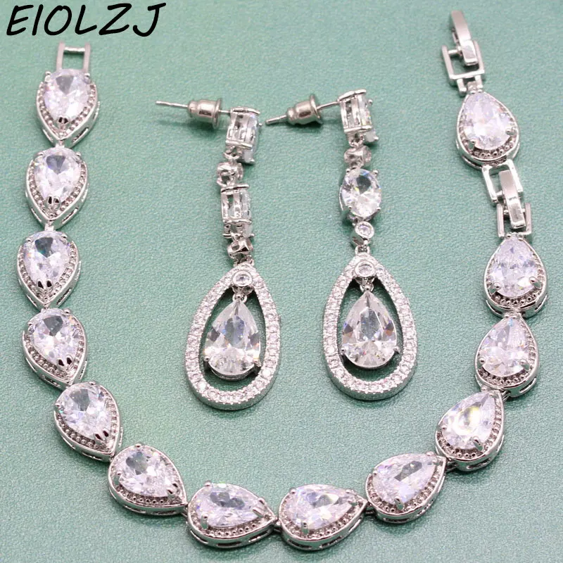 

Water Drop White Crystal Silver Color Earrings Sets for Women 2pcs woman Bracelet Sets Fashion Party Jewelry Sets Free Gift Box