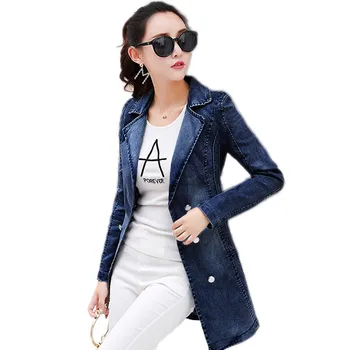 

Autumn Women Outerwear 2018 New Medium Long Slim Female Denim Jacket With Double-Breasted Suit Collar Ladies Windbreaker Cw586