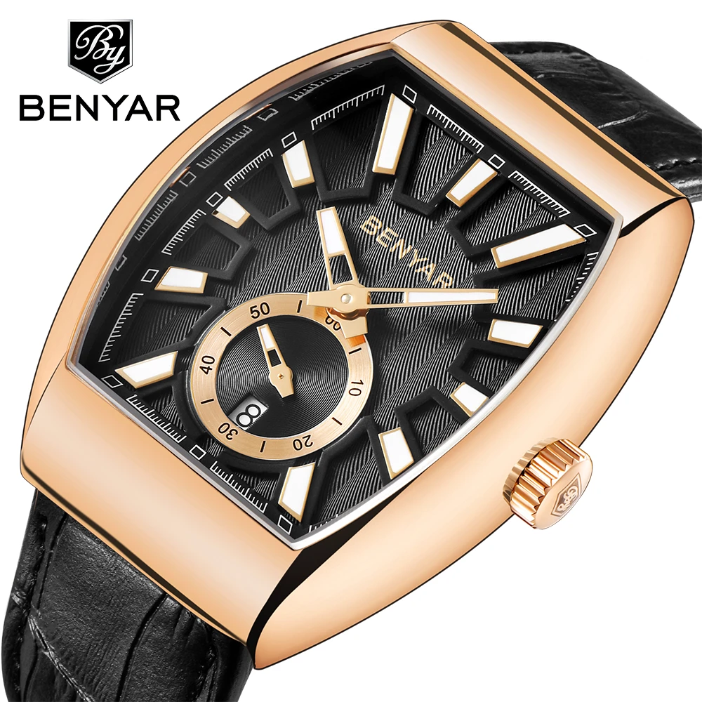 

New 2018 New Fashion Quartz Watches Mens Genuine Leather Strap 30M Waterproof Wristwatches For Men Tonneau Clock erkek saat 2018