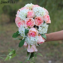 JaneVini Artificial Waterfall Pink Flowers Wedding Bouquets Elegant Silk Roses Bridal Brooch Bouquets Accesorios De novia