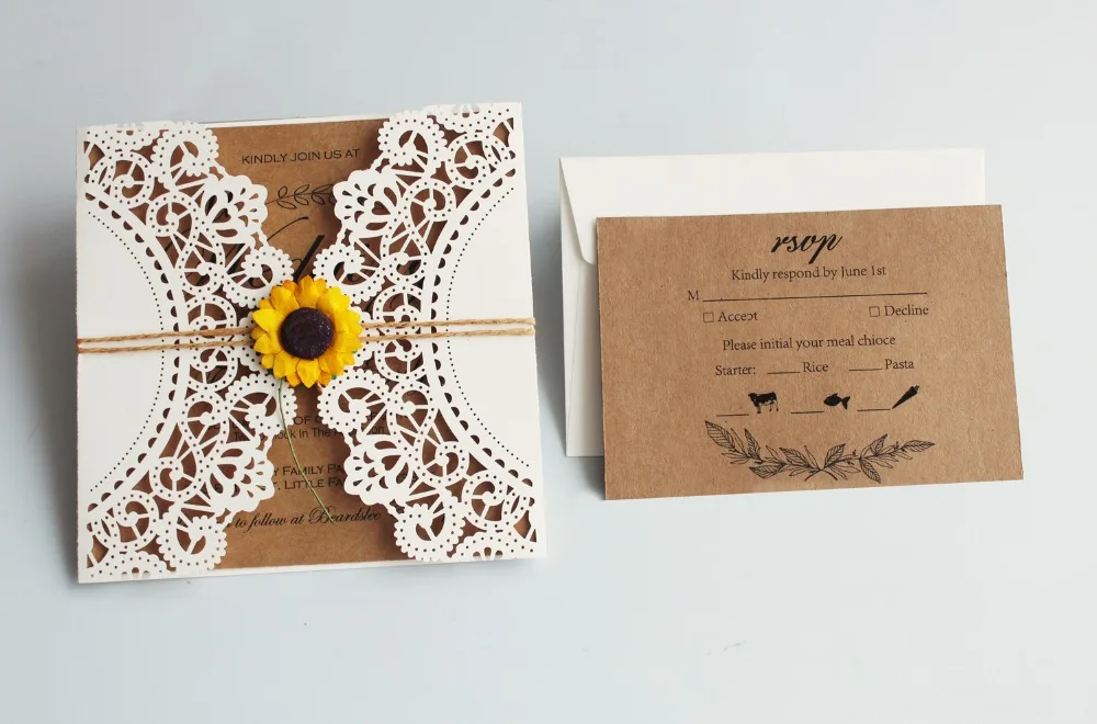  Laser Cut Wedding Invitations Ivory Wedding Invite Sunflower Invitation Cards With Envelope - Set o - 32884896917