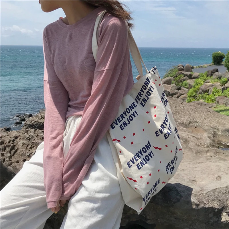 

S.IKRR New Letter Printing Canvas Tote Bag For Women Girl Casual Reusable Foldable Shopping Bag Female Party Handbag