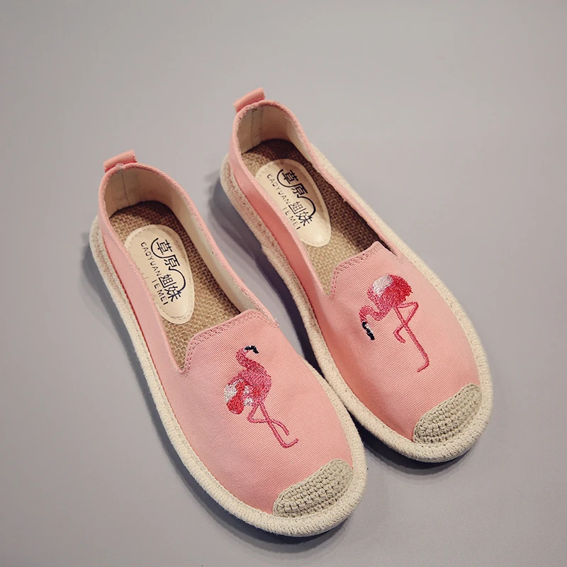 

Linen Flamingos Patterns Canvas Shoes Student Women Slip On Ladies Sewing Flax Knitting Espadrilles Female Fisherman Shoes 2018