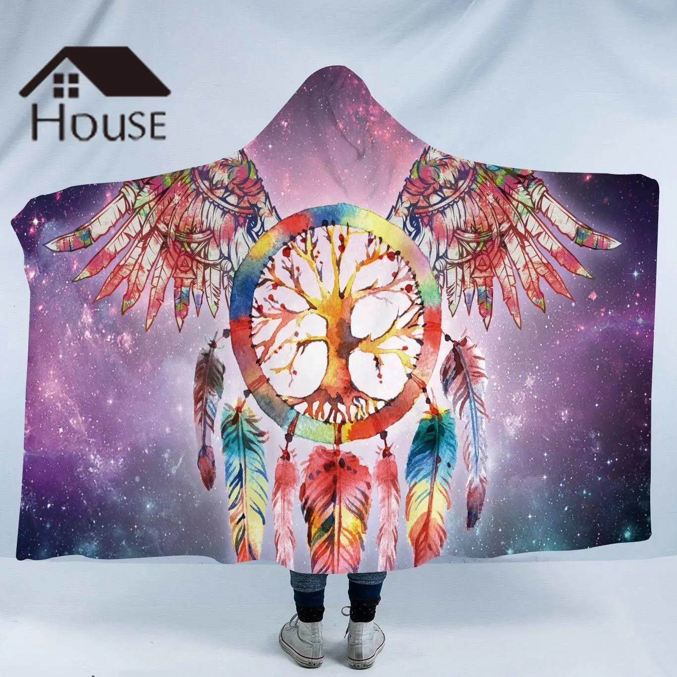 

Sleepwish Galaxy Wearable Hooded Blanket for Adults Mandala Dreamcatcher Sherpa Fleece Woman Throw Blanket Microfiber