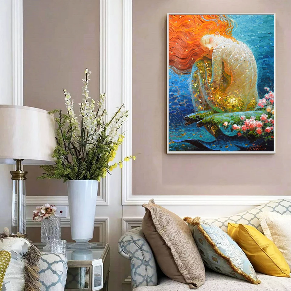 Living Room wall decor VINTAGE mermaid Oil painting Picture Printed on canvas v5
