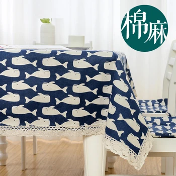 

Cotton Linen Cloth Print White Whale Blue Bottom Customed Tablecloth Cover Table Deco Cloth 1214 F