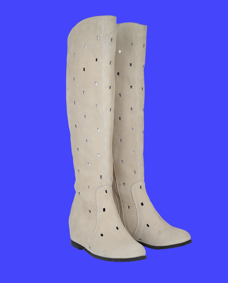 Летние женские высокие сапоги из натуральной кожи на плоской подошве, увеличивающие рост, с закрытым носком женские рыцарские сапоги до колена из натуральной кожи с вырезами размеры 34-40, SXQ0430