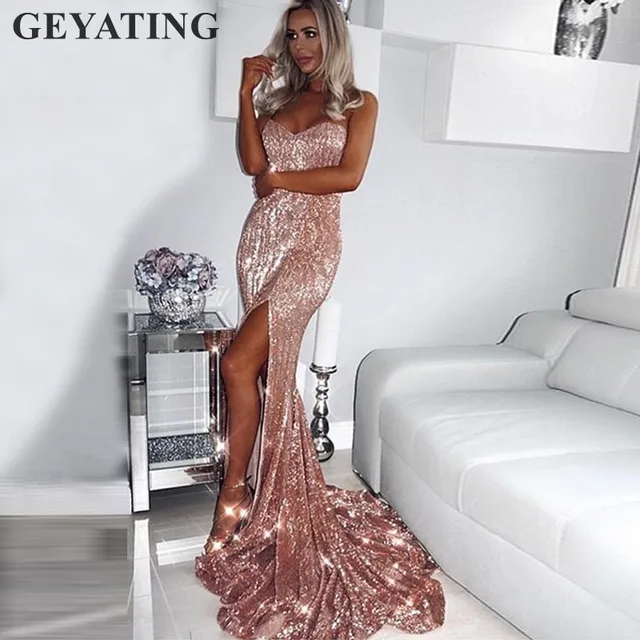 rose gold prom dress with slit