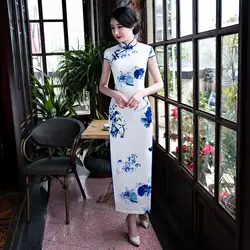 Синий и белый фарфор Cheongsam долго Qipao Для женщин китайское традиционное платье Oriental Стиль платья Китай Костюмы магазине