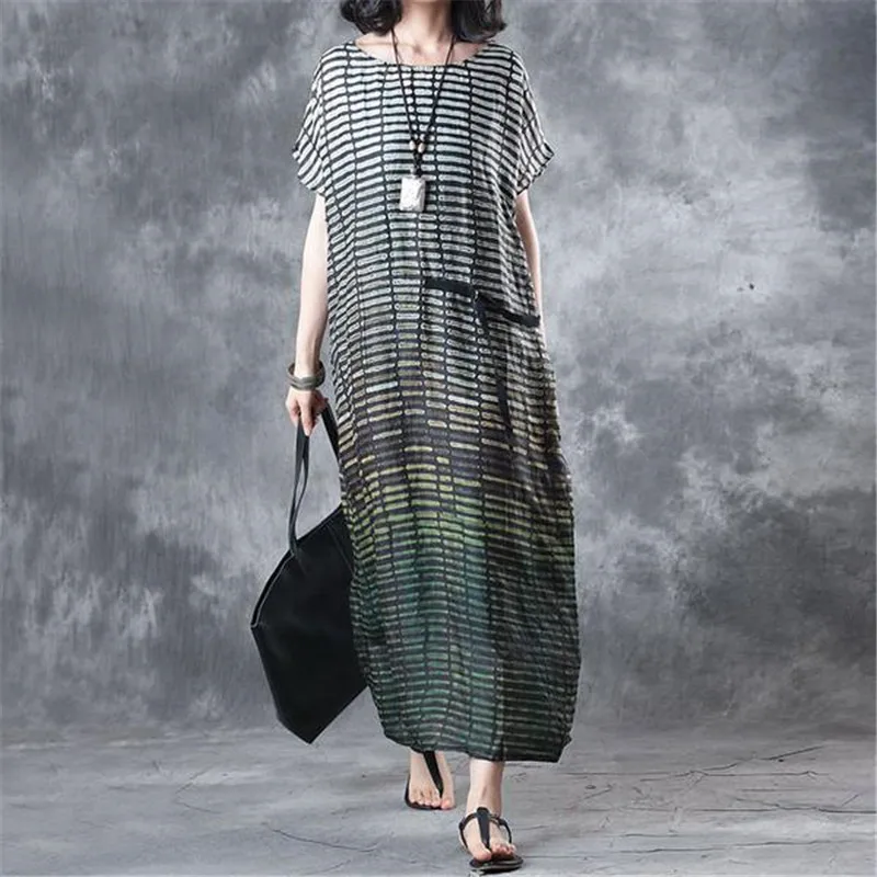 BUYKUD 2018 Summer Women Stripe Loose Casual Green Long Dress Round Neck Short Sleeve Vintage Maxi Dresses With Pockets Dresses