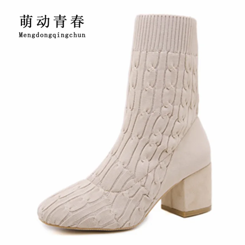 

New Women High Heels Boots 2018 Fashion Round Toe Knitting Ankle Boots Square Heel Sexy Ladies Slip on Sock Boots Zapatos
