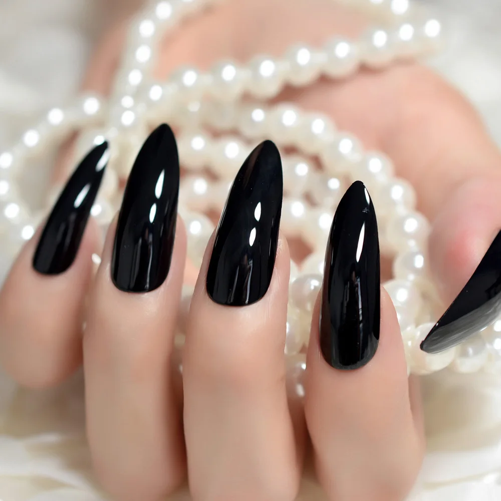 

Pure Black Candy Fake Nails Kit Extra Long Sharp STILETTO Full Wrap False Acrylic Nail Easy DIY Salon Tip with Glue Sticker Z931