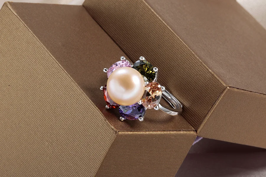 Распродажа! Разноцветный циркониевый кольца с натуральным пресноводным жемчугом для женщин Мода цветок серебряные регулируемые кольца