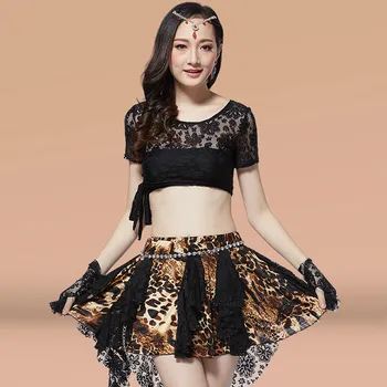 

2017 Real Belly Dance Charm Lace Suit Summer Style Sexy Leopard Costume Costumes Clothes(top+skirt+socks+gloves+ribbon+belt)