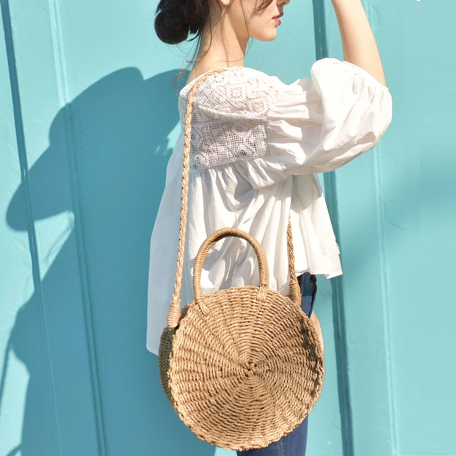 

Circle Straw Bag Round Summer Beach Handbags Handmade Woven Rattan Bags Knitting Famous Brands Shoulder Bags Casual Tote Fashion