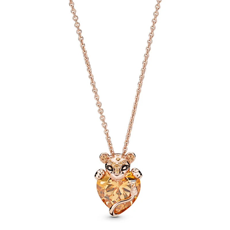 

2019 NEW 100% 925 Sterling Silver Sparkling Lion Princess Heart Necklace Rose Gold Valentine's Day Original Fashion Jewelry Gift