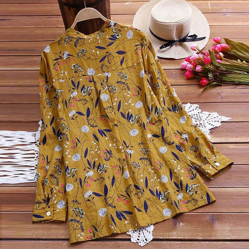 Floral Printed Blouse Tops Lady Large Size Long Sleeve Shirt Women 2018 Autumn V-Neck Medium Length Shirts Femme Literary Blusas