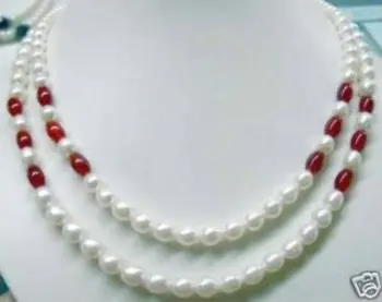 

Women Gift word Love Fashion Jewelry wholesale Beautiful! 7-8mm White pearl red stone gems bead necklace 2 rows