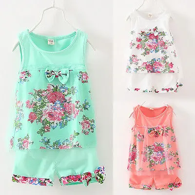 

2017 New Baby Kids Girls Summer Lace Bowknot Tank Tops +Short Pants 2pcs Tulle Outfit Set