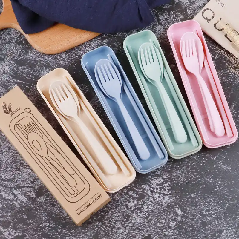 FairytaleMM Wheat Straw Chopsticks Spoon Fork Portable Tableware Three Piece Set Outdoor Childrens Tableware Set-Blue