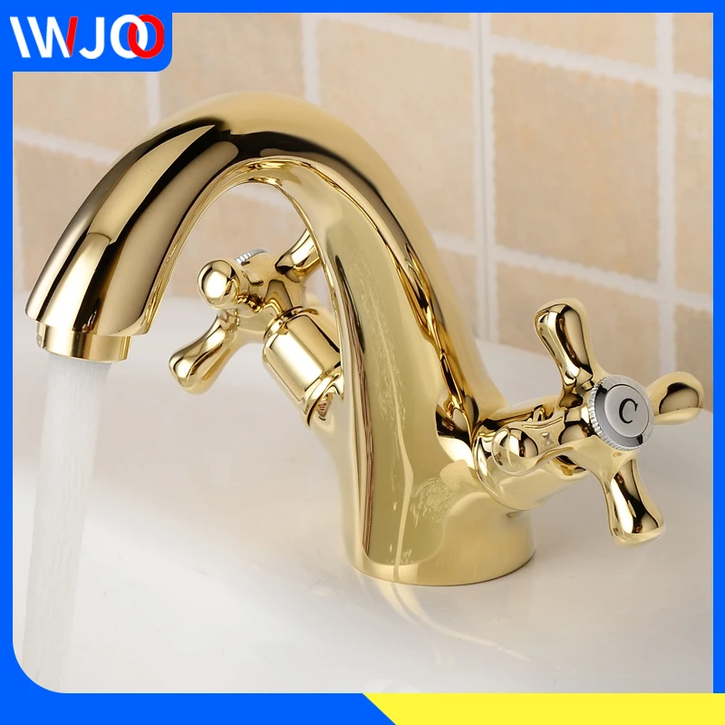 Billig Bad Wasserhahn Gold Messing Moderne Becken Wasserhahn Mischer Doppel Griff Waschbecken Wasserhahn Deck Montiert Einzelnes Loch Heiße und Kalte Wasser tippen