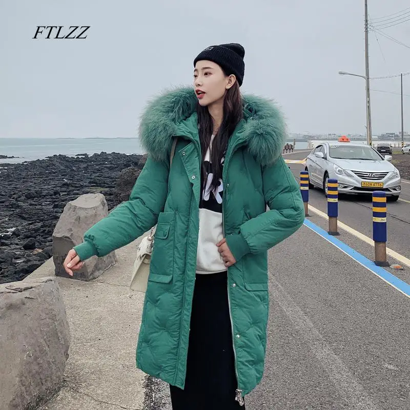 FTLZZ Новинка зимняя женская куртка капюшон с подкладкой пальто средней длины большой меховой воротник парки толстое теплое пальто - Цвет: Green