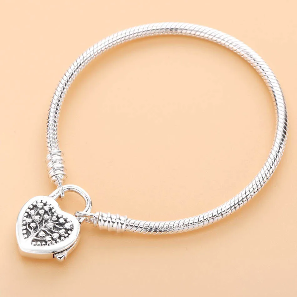 

925 Sterling Silver Anklets MOMENTS Tree of Life Love Heart padlock Clasp Bracelet Bangle Fit Bead Charm DIY Fine Jewelry