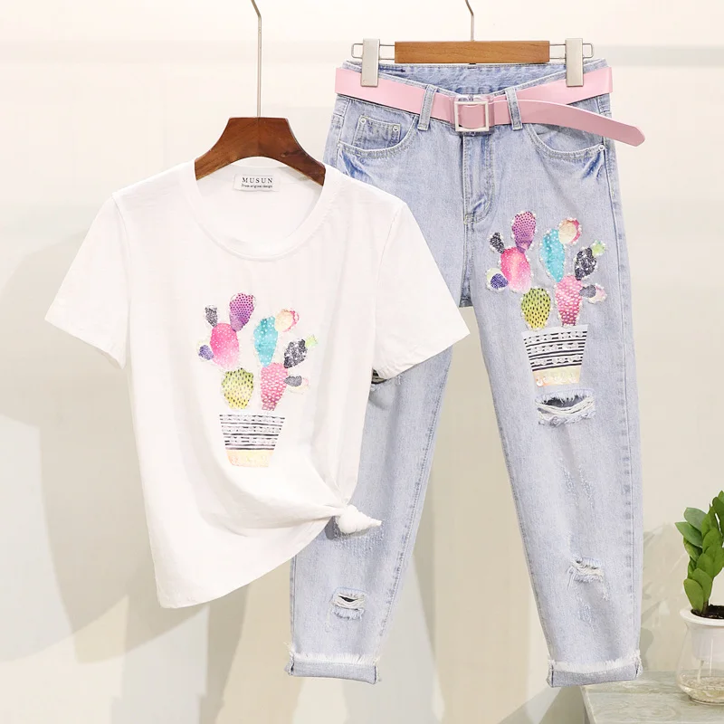 Женские летние футболки джинсы комплекты из 2 предметов расшитый бисером