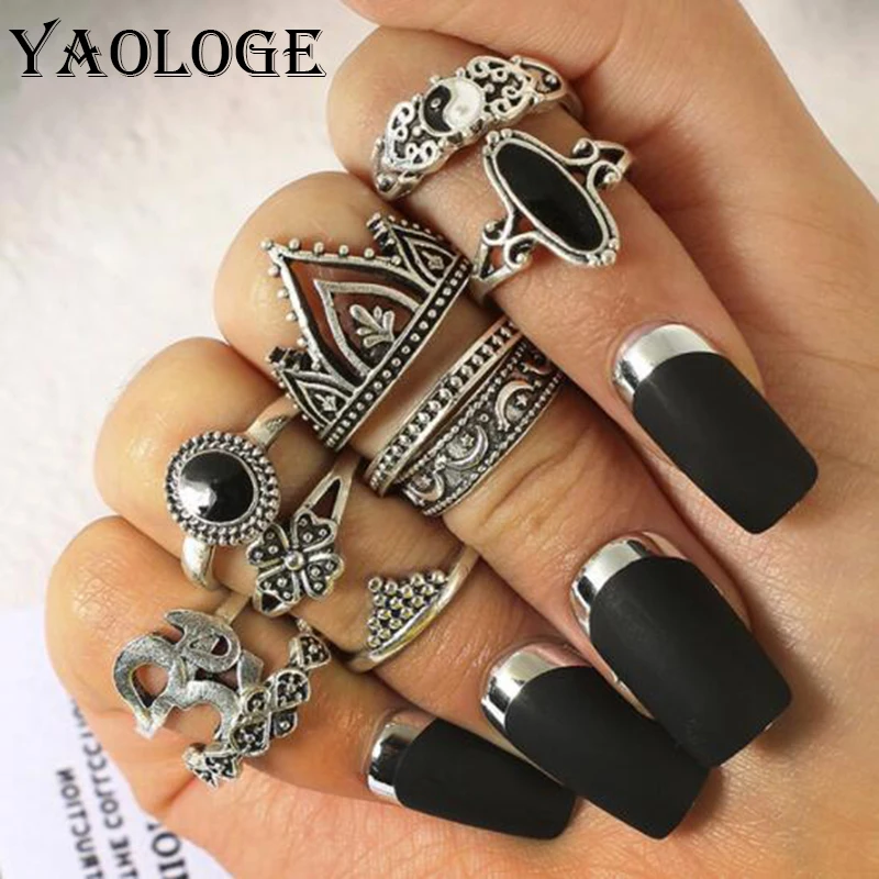 

YAOLOGE Fashion Midi Ring Sets Crown Star Moon Vintage Crystal Opal Knuckle Rings for Women Anillos Mujer Jewellery 10PCS R152
