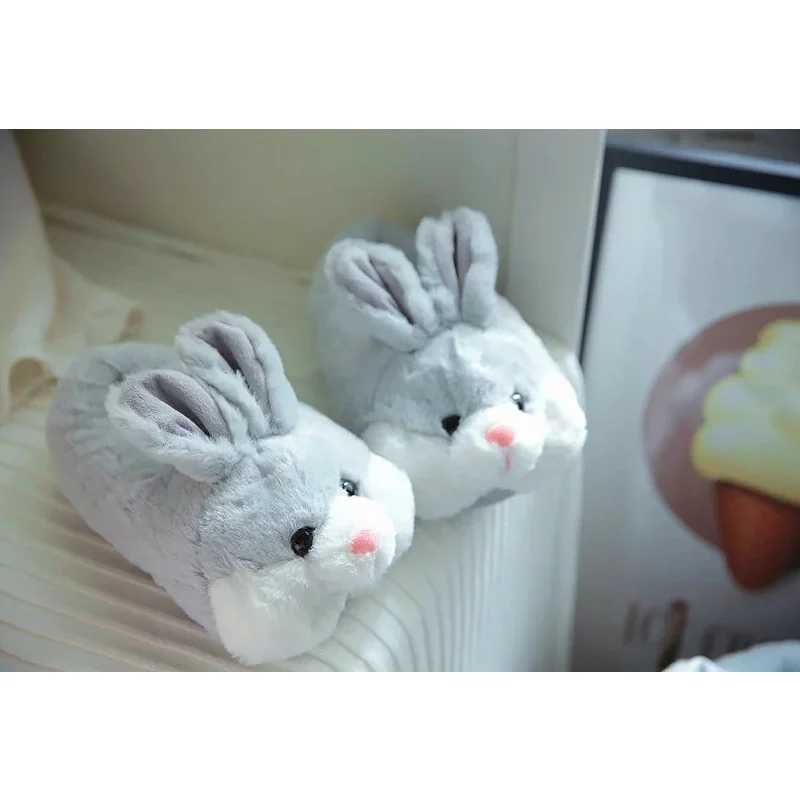 Тапочки с кроликами для девочек; Домашние зимние теплые тапочки; женские плюшевые домашние тапочки на плоской нескользящей подошве; большие размеры 41-42 - Цвет: Grey