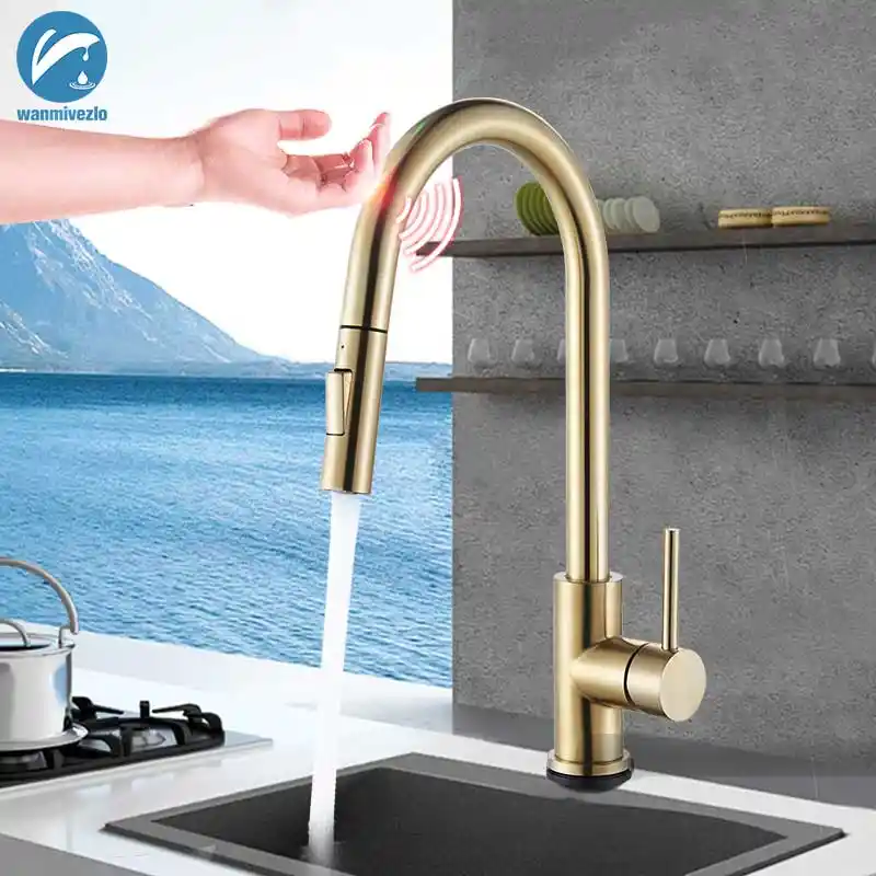 Brushed Gold Pull Out Touch Sensor Kitchen Faucet 360 Rotation