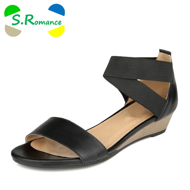 S.Romance Plus Size 34-42 Women Sandals Genuine Leather Fashion Summer Sweet Flats Sandals Casual Woman Shoes Black Beige SS036