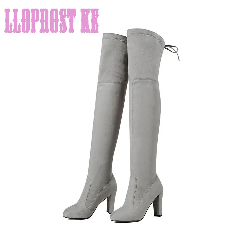 

Lloprost ke 2017 New Winter Women Shoe Elegant Boots Scrub Square High Heel Fashion Ladies Long Boots plus size 34-43 MAL119