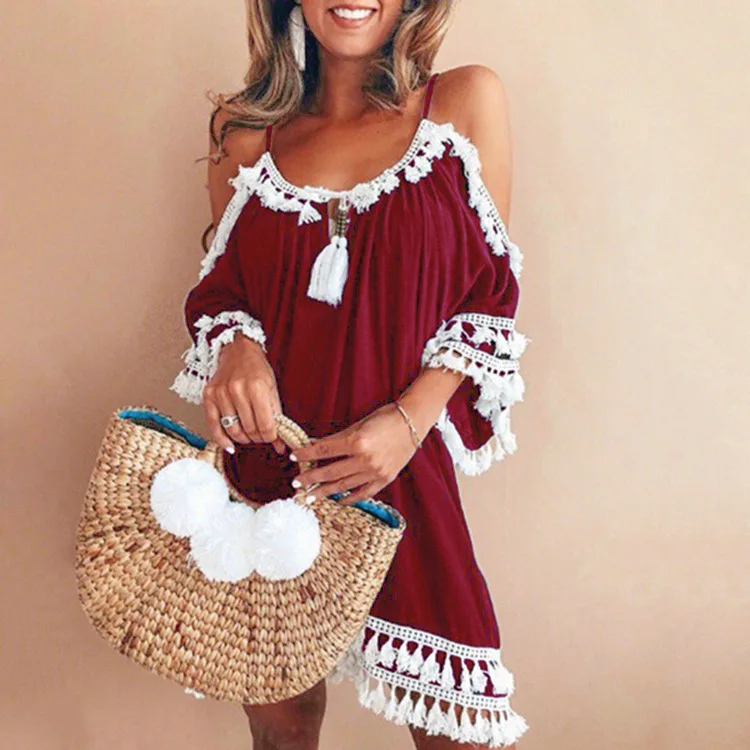 

ZOGGA Women's 2019 Summer Hanging Neck Fringed women dresses Solid Color Strapless Irregular Strap Dress Black Red Navy Purple