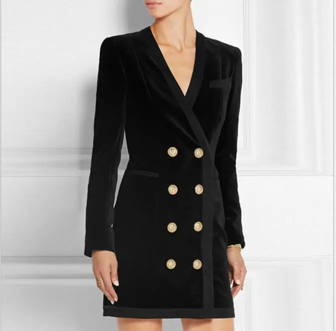 

New 2018 spring double breasted velvet dress Sexy V-neck tailored dress Fashion ladies black dress