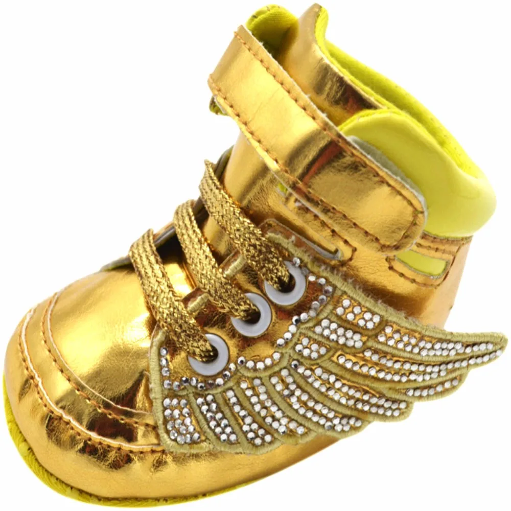 ROMIRUS/Новинка; дизайнерская брендовая изящная обувь с высоким берцем для маленьких мальчиков и девочек с крыльями Детская кроватка Bebe кроссовки; обувь для новорожденных Золотой ПУ кожа сапоги обувь