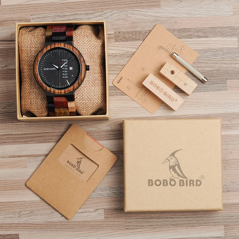 BOBO BIRD Wood Watch Men relogio masculino Timepieces Date and Week Display Watches erkek kol saati V-P14