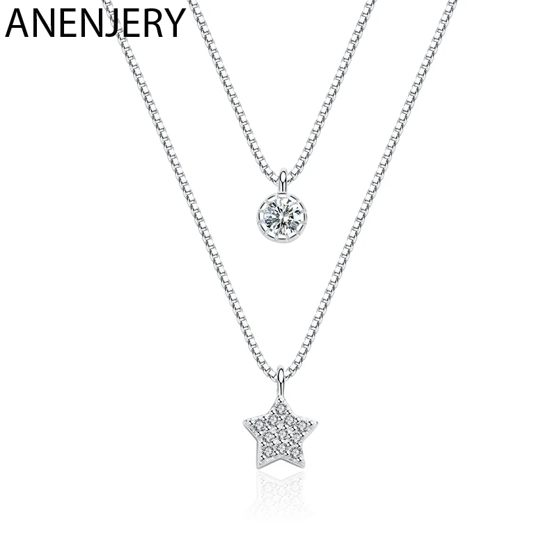 

ANENJERY Double-layer Zircon Star 925 Sterling Silver Necklaces For Women Short Chain Choker Gift S-N390