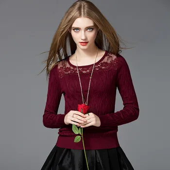

Europe New 2018 Spring Autumn Womens Fashion Loose Sexy Lace Patchwork O-Neck Long Sleeve Knitted Sweater Female Cotton Pullover